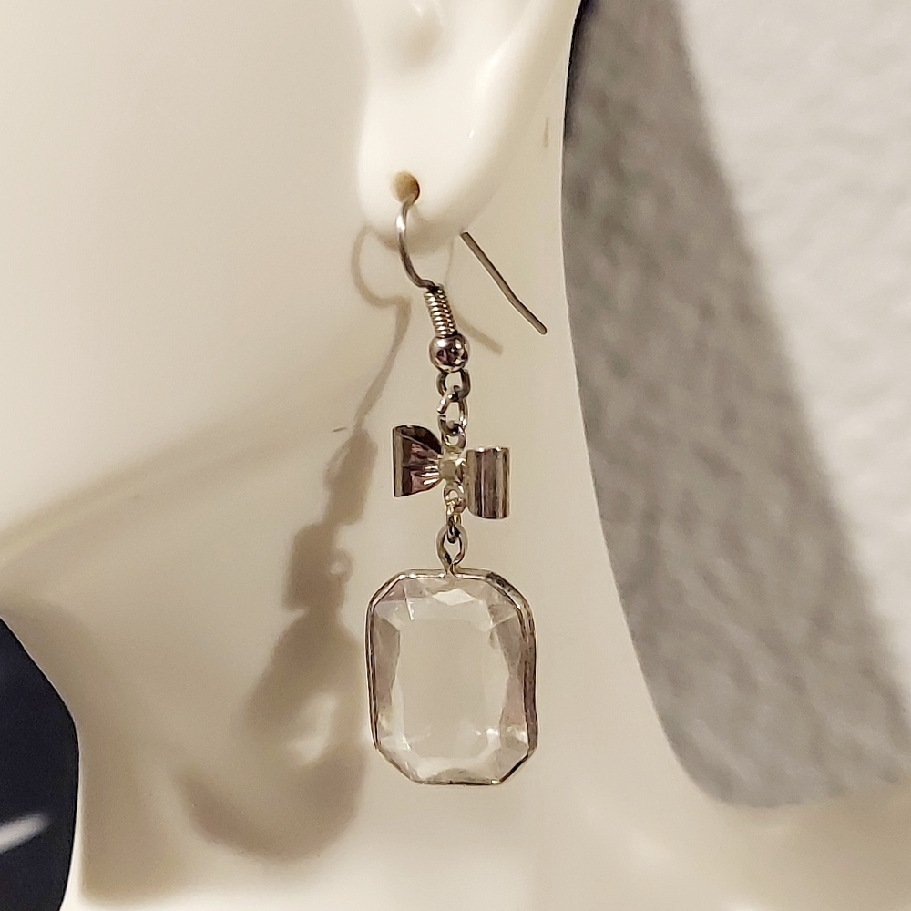 Earrings Silver Bows Clear Rectangle Jewelry - image 3